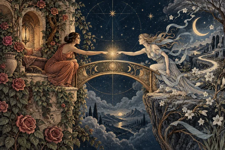 Engraved editorial scene of two contrasting Venus gardens joined by a glowing brass bridge, symbolizing translation between different forms of closeness.
