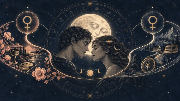 Engraved midnight-blue synastry illustration of two figures beneath a glowing Moon, with two Venus paths diverging into different landscapes and values.