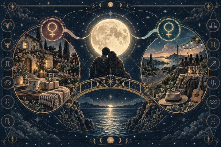 Engraved illustration of a shared Moon anchor bridging two Venus styles: a carefully tended home on one side and an open social road on the other.
