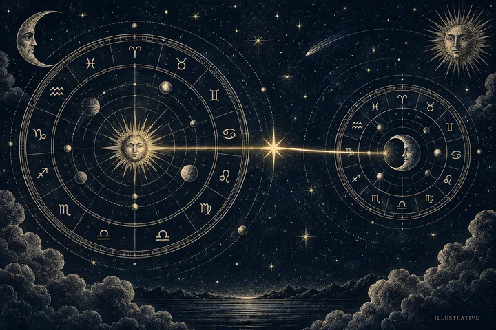 Engraved-style night-sky illustration with two circular zodiac wheels, a sun in the larger left wheel and a moon in the smaller right wheel, connected by a bright horizontal line above clouds, mountains, and water.