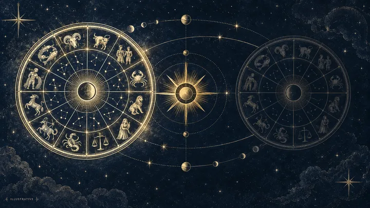 Night-sky illustration of a bright zodiac wheel on the left and a dimmer zodiac wheel on the right, with a sun between them and small planets along curved orbital paths.