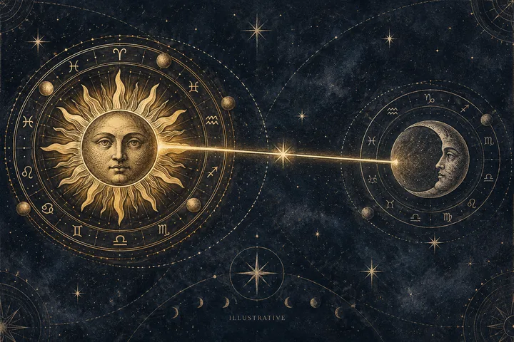 Close-up engraved-style illustration of a sun with a human face on the left and a crescent-shadowed moon with a human face on the right, each inside a zodiac circle and joined by a bright line.