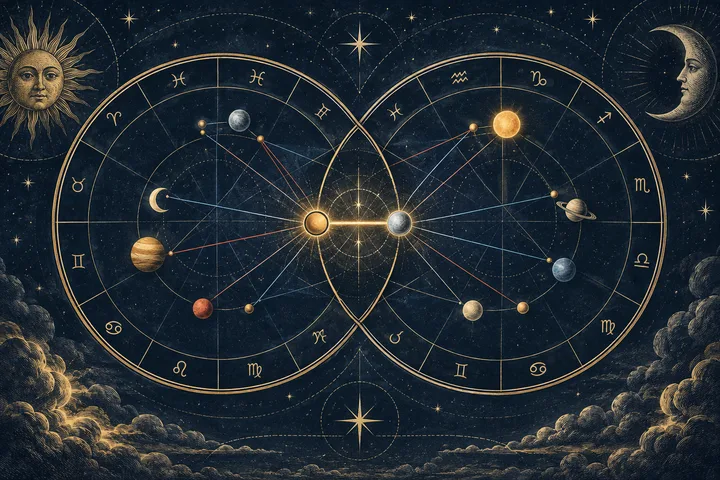Illustrative engraved synastry artwork showing two overlapping zodiac wheels and a luminous central planetary connection among several aspect lines.