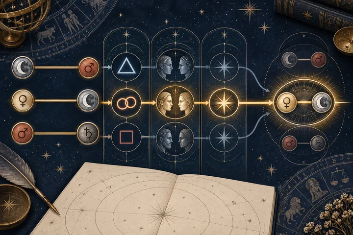 Illustrative astrology comparison showing three equal synastry contacts evaluated through aspect shapes and planetary pairings before one central contact is emphasized.