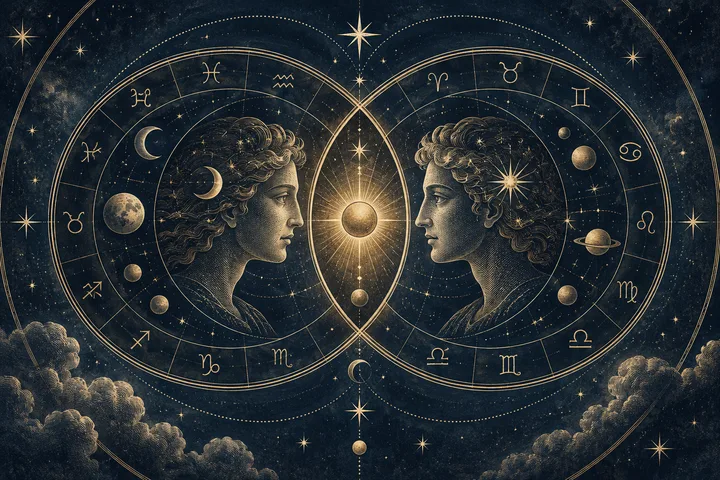 Illustrative chart artwork: two engraved zodiac wheels linked by a brass synastry line beneath a midnight-blue sky.