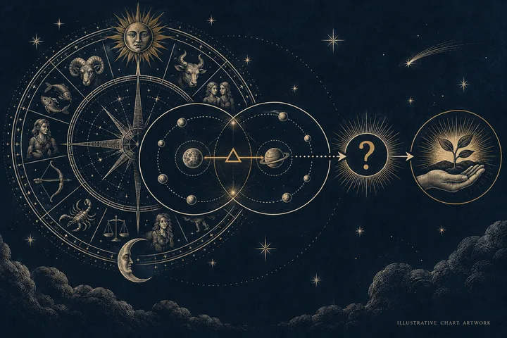 Illustrative chart artwork: a zodiac wheel and overlapping planetary paths lead from a brass aspect symbol to a question mark and a sprouting plant.