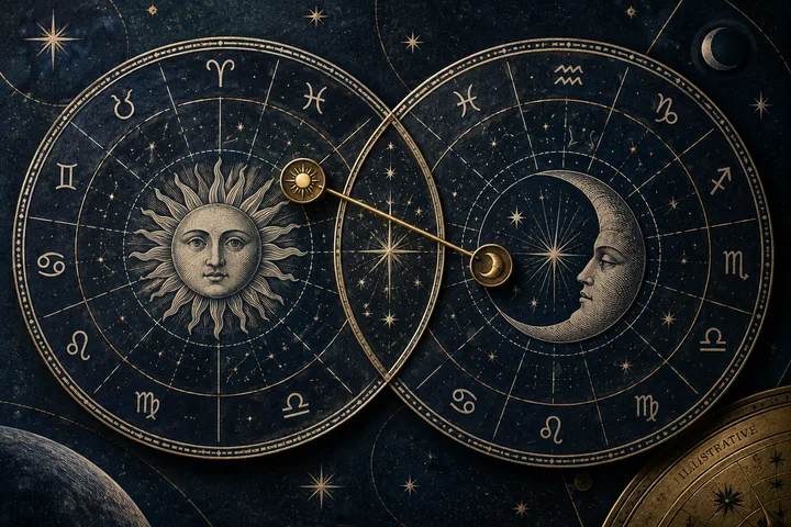 Illustrative chart artwork: an open astrological notebook beside two contrasting aspect paths, rendered in midnight blue, ivory, and brass.