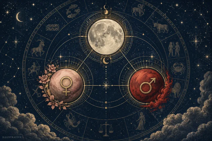 Illustrative engraved synastry wheel with Moon, Venus, and Mars motifs connected in a midnight-blue, ivory, and brass celestial composition.
