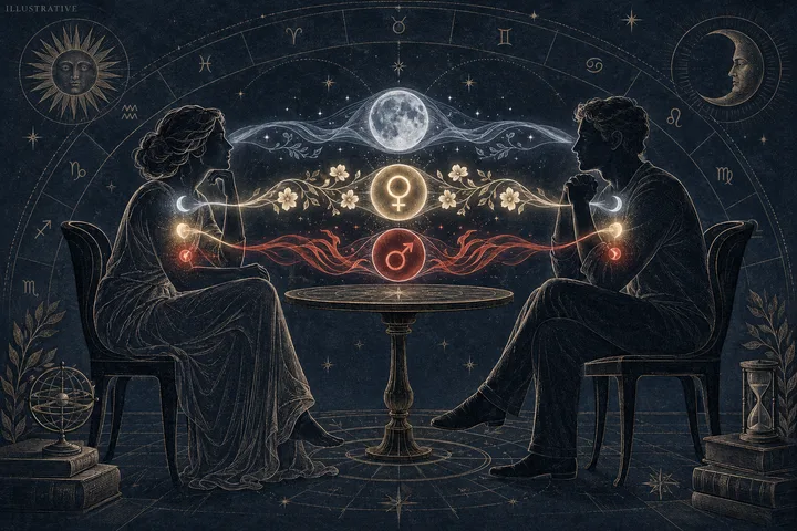 Two seated silhouettes share three distinct illustrative Moon, Venus, and Mars pathways in an engraved synastry conversation scene.