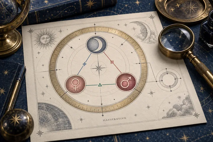 Close-up illustrative synastry diagram with Moon, Venus, and Mars aspect lines, a brass degree arc, and a magnifying lens on an astrology desk.