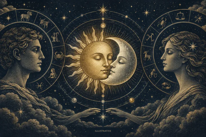 Engraved illustration of a golden sun and crescent moon touching between two profile portraits, surrounded by zodiac symbols and stars.