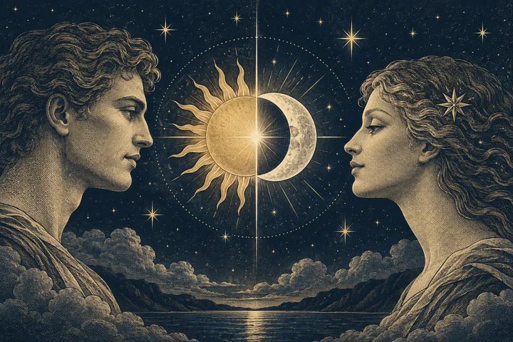 Two profile portraits face a central sun and crescent moon above a cloud-lined sea, with stars in the night sky.