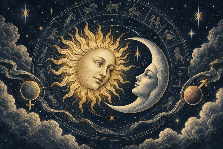 A sun and crescent moon with human faces meet inside a starry zodiac wheel, with planetary symbols at either side.