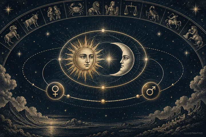 A sun and crescent moon sit inside orbital rings beneath a zodiac arc, with Venus and Mars symbols below.