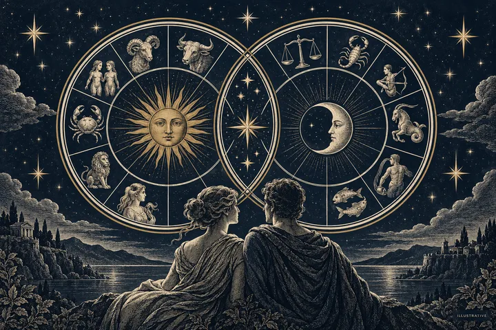 Engraving-style illustration of two seated figures beneath overlapping zodiac wheels with sun and moon faces, surrounded by stars and a night landscape.