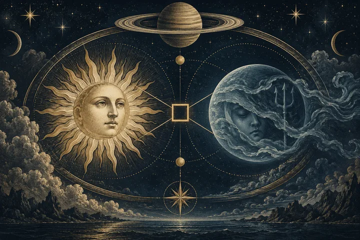 A gold sun with a human face and a blue orb with a face are linked by fine lines around a central square. A ringed planet hangs above them over a starry sky, clouds, and water.
