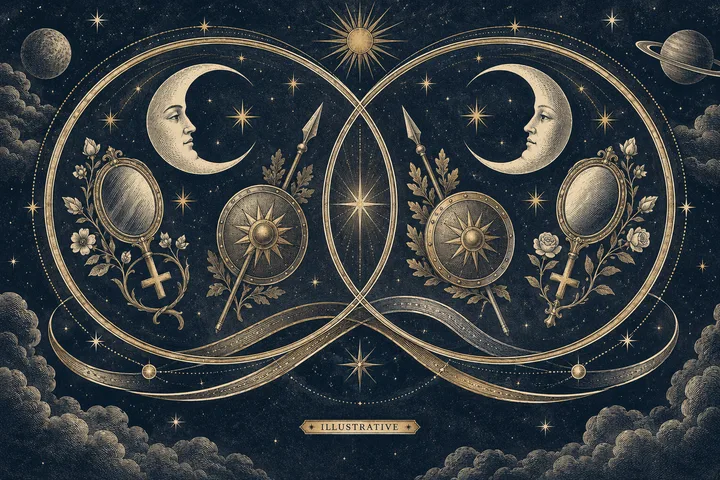 Two crescent moons with faces sit inside overlapping celestial circles, surrounded by stars, mirrors, and sun symbols; a small banner reads “Illustrative.”