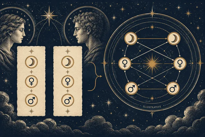 Two facing profiles look toward paired rows of Moon, Venus, and Mars symbols, which lead to a circular diagram of connected matching symbols marked “Illustrative.”