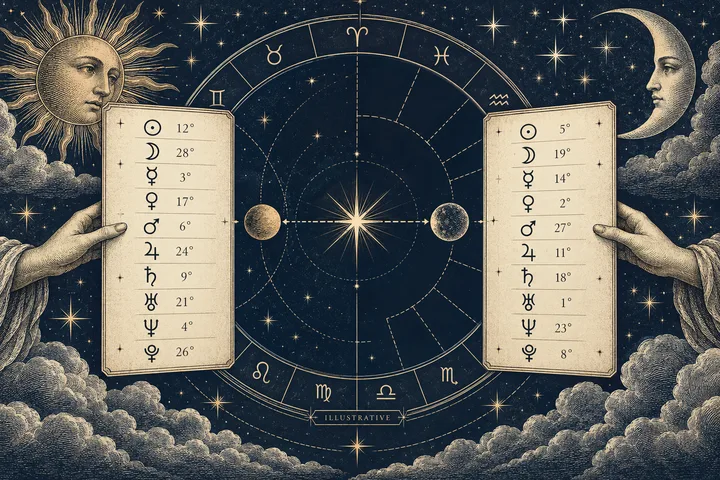 Engraving-style celestial illustration with two parchment panels of planetary symbols and degree numbers flanking a circular zodiac chart, a bright star at its center, and sun and moon faces at the edges.