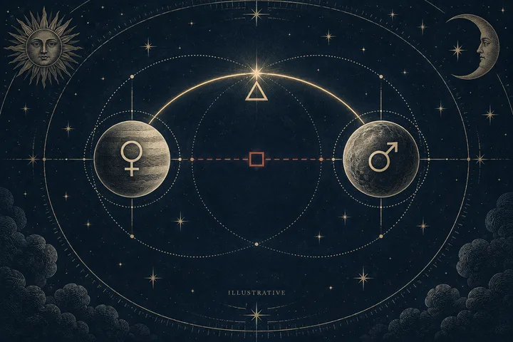 Editorial illustration accompanying: Can a supportive synastry aspect soften a tense aspect between the same planets?