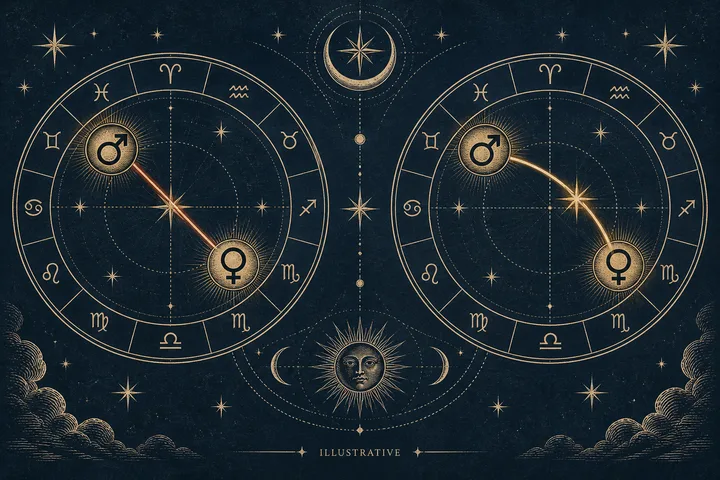 Editorial illustration accompanying: Can a supportive synastry aspect soften a tense aspect between the same planets?