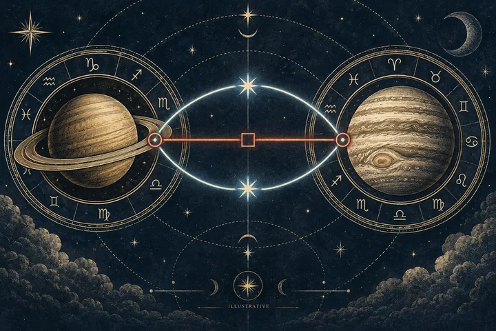 Editorial illustration accompanying: Can a supportive synastry aspect soften a tense aspect between the same planets?