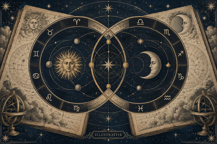 Two overlapping zodiac circles with a sun face, crescent moon face, stars, and zodiac symbols on open illustrated pages; the word “Illustrative” appears below.