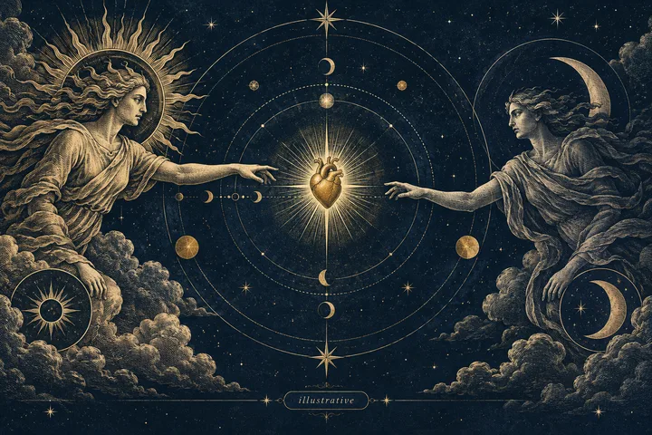 Engraved-style illustration of two figures reaching toward a glowing anatomical heart, surrounded by concentric orbital circles, stars, moons, and clouds; marked illustrative.