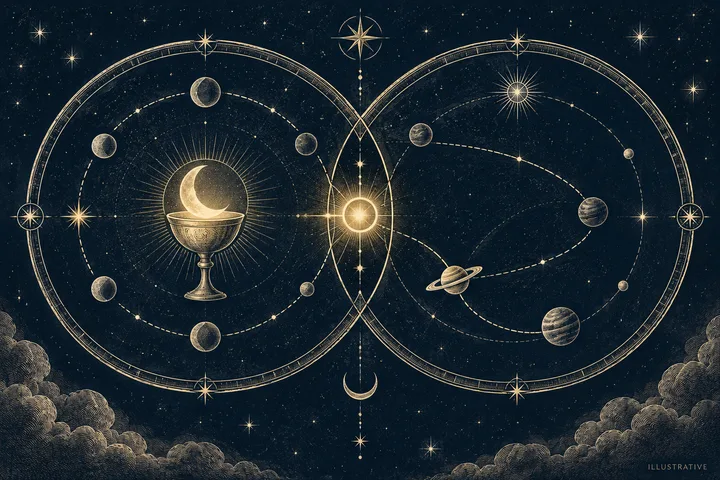 Engraved-style illustration of two overlapping orbital circles with a crescent moon in a cup, planets including a ringed planet, stars, clouds, and a glowing center; marked illustrative.