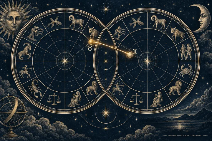 Two overlapping circular zodiac charts against a starry sky, with a sun face on the left, a crescent moon on the right, and a glowing line connecting marked points on the charts.