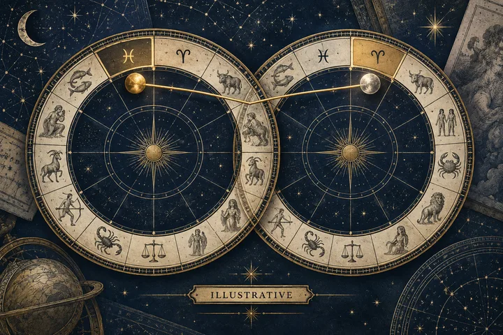 Two circular zodiac wheels with highlighted points connected by a glowing line, surrounded by stars, a crescent moon, old astronomical drawings, and an ILLUSTRATIVE plaque.