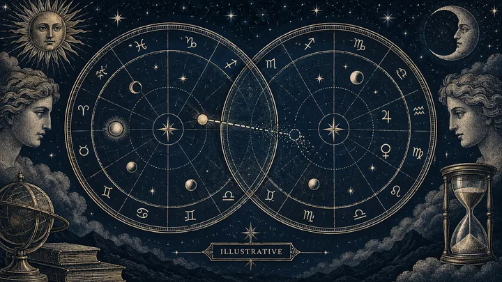 Engraved illustration of two overlapping circular zodiac charts with stars, a sun face, a crescent moon, classical profile figures, an hourglass, and a globe on a dark blue background.