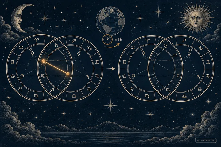 Two pairs of overlapping zodiac charts appear on either side of a globe and a small clock marked plus or minus one hour, with an arrow between them and a crescent moon and sun above.