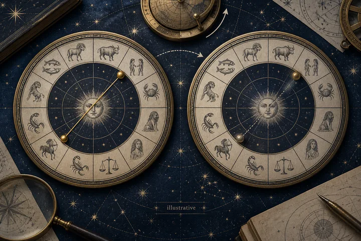 Two round zodiac wheels with animal symbols and sun faces sit on a star-patterned surface, surrounded by a compass, maps, books, and brass instruments.