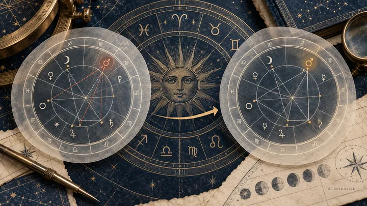 Two translucent circular charts with zodiac symbols and connecting lines flank a large sun illustration, with a curved arrow between them and maps and instruments around the edges.