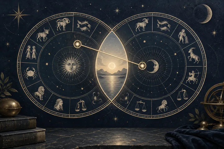 Illustrative overlapping zodiac wheels connected by a brass aspect line, with a calm celestial scene between them in midnight blue, ivory, and brass.