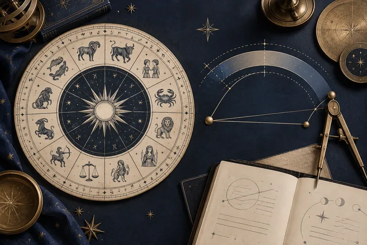 Illustrative zodiac wheel beside a brass compass and aspect-orb arc on an ivory notebook, representing careful synastry degree verification.