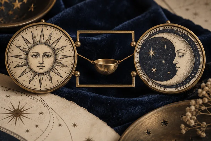 Close-up illustrative Sun and Moon medallions joined by a brass angular frame and a small shared vessel, expressing planetary roles meeting with quiet balance.