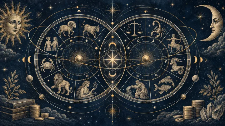 Illustrative engraved twin zodiac wheels with sun and moon faces, coins and crystals against a midnight-blue star field.