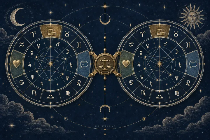 Illustrative paired synastry wheels linked by scales, speech bubbles, hearts and coin symbols in brass and ivory.