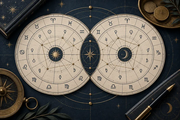 Illustrative open astrology book showing two linked chart wheels beside a compass, coins and a brass pen.
