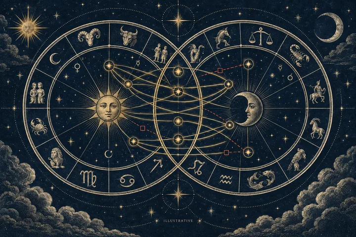 Editorial illustration accompanying: What does a synastry chart reveal when easy aspects outnumber difficult ones?