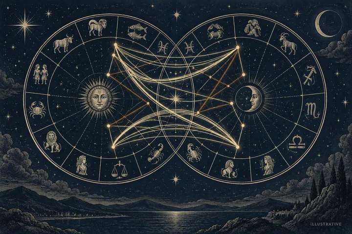 Editorial illustration accompanying: What does a synastry chart reveal when easy aspects outnumber difficult ones?