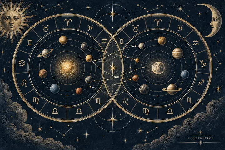 Illustrative synastry chart with two planetary wheels linked by aspect lines