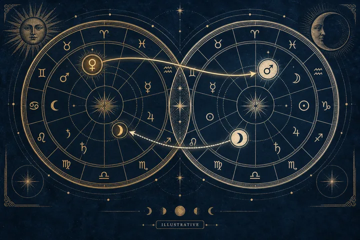 Illustrative close-up of planetary roles, aspect lines and house overlays in a synastry chart