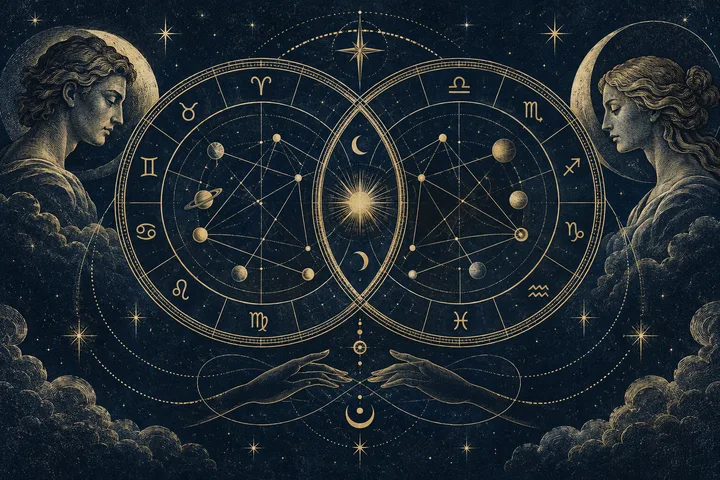 Illustrative brass synastry wheel with two planetary paths crossing above a midnight-blue zodiac field