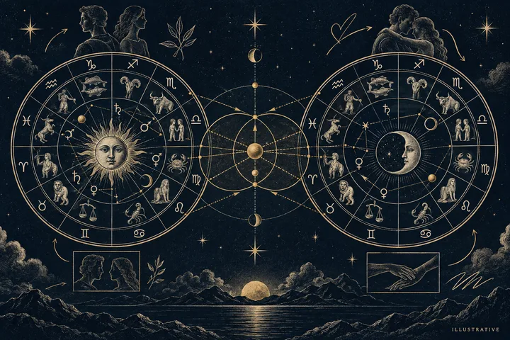 Illustrative layered chart diagram showing planets, signs, aspects, and house boundaries in a brass engraving style