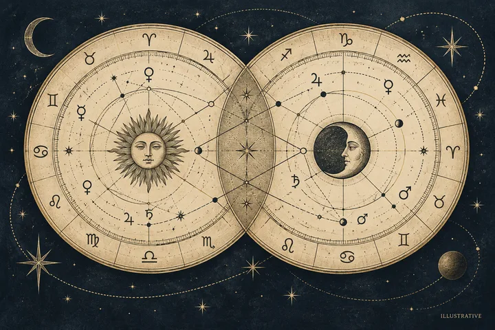 Illustrative close-up of a square aspect linking Venus and Mars across cardinal zodiac signs