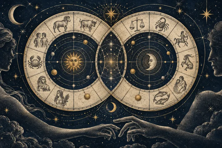 Illustrative couple-focused synastry map with soft Moon and Venus lines beside a sharper Mars contact