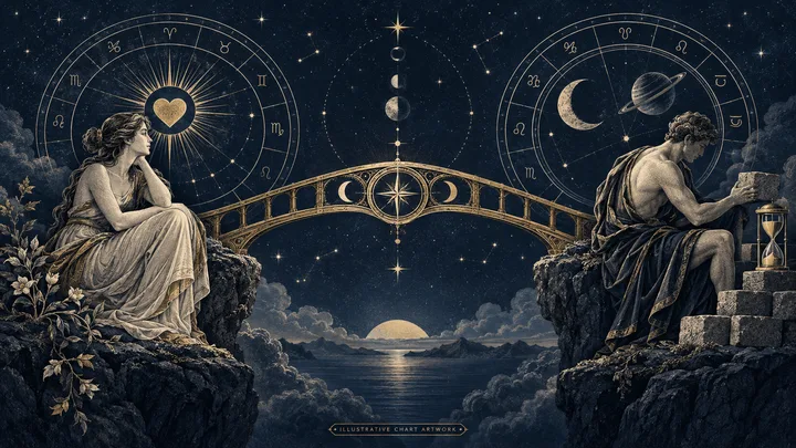 Two seated figures face each other across a starry bridge beneath separate zodiac wheels, with a heart above one chart.